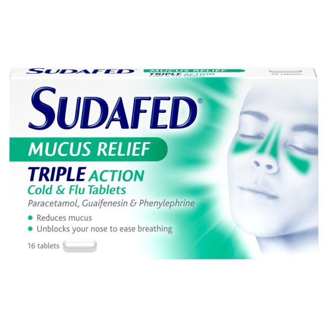 Sudafed Mucus Relief Triple Action Cold and Flu Tablets 16