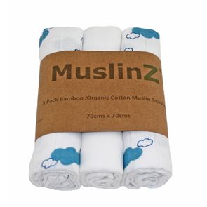 MuslinZ Bamboo Organic Cotton Muslin Squares Blue Clouds 3 pack