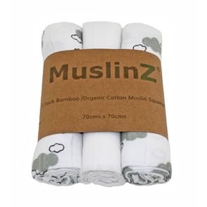 MuslinZ Bamboo Organic Cotton Muslin Squares Grey Clouds 3 pack