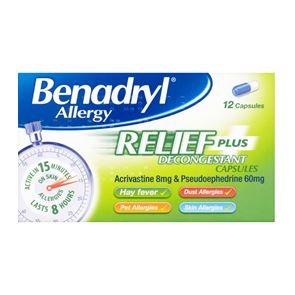 Benadryl Allergy Relief Plus Decongestant Capsules 12